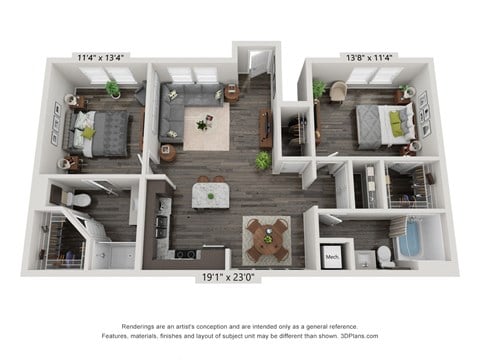 Floor plan for 2 beds, 2 baths, 1032 sqft